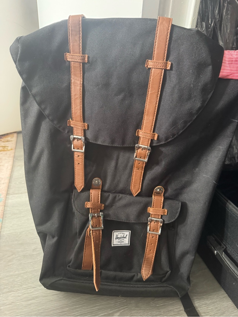 Large Herschel Supply Company Black Backpack with Brown Trim Straps